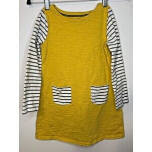 Mini Boden Girls Yellow Striped Dress 7-8Y Long Sleeve Pockets EUC